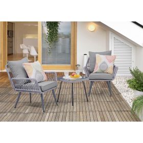 Manhattan Comfort Cannes Rope Wicker 3-Piece Patio Conversation Set with Cushions in Grey