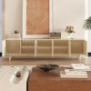 Modern White TV Stand, Minimallist Entertainment Center with 5 Cabinets, Wood Foot Legs