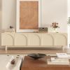 Modern White TV Stand, Minimallist Entertainment Center with 5 Cabinets, Wood Foot Legs