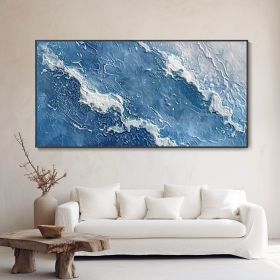 Hand Painted Original Blue Sea White Wave Oil Painting Hand Modern Abstract Texture Art Minimalist Seascape Customizable Living Room Wall Decor Home G (Style: 1, size: 70x140cm)