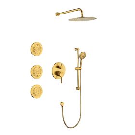 Shower System with Shower Head, Hand Shower, Slide Bar, Bodysprays, Shower Arm, Hose, Valve Trim, and Lever Handles (Color: Brushed Gold)