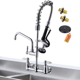 Commercial Faucet with Pre-Rinse Sprayer, 8 Inch Center Wall Mount Kitchen Faucet with Pull Down Spray, Swivel Spout for Restaurant 1-2 Compartment Si (size: 25'' Height Commercial Sink Faucet)
