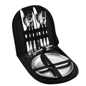 two set of 10 portable stainless steel tableware, suitable for hotels/restaurants/gatherings, hiking, and camping adventures. There are plates, forks, (Colour: Black)