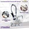 Commercial Faucet with Pre-Rinse Sprayer, 8 Inch Center Wall Mount Kitchen Faucet with Pull Down Spray, Swivel Spout for Restaurant 1-2 Compartment Si